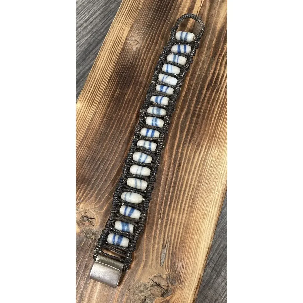Vintage Tribal Sand Cast Beaded Ladder Woven Bracelet Silver Clasp Signed 8.25”